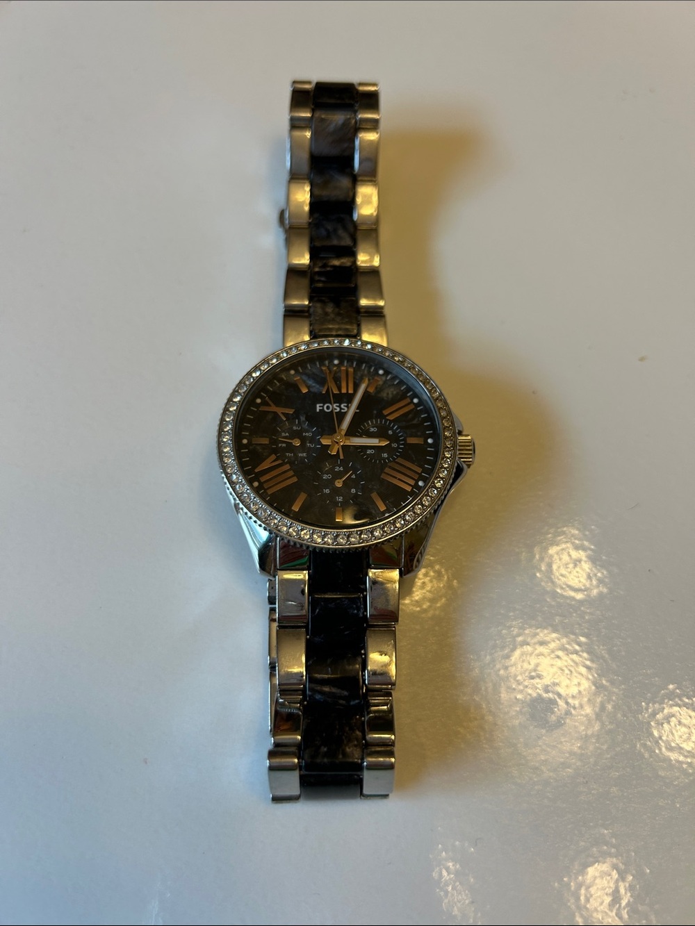 Fossil Silver and Black Crystal-Trim Bracelet Watch